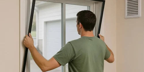 Man-installing-acrylic-insert-for-window-soundproofing